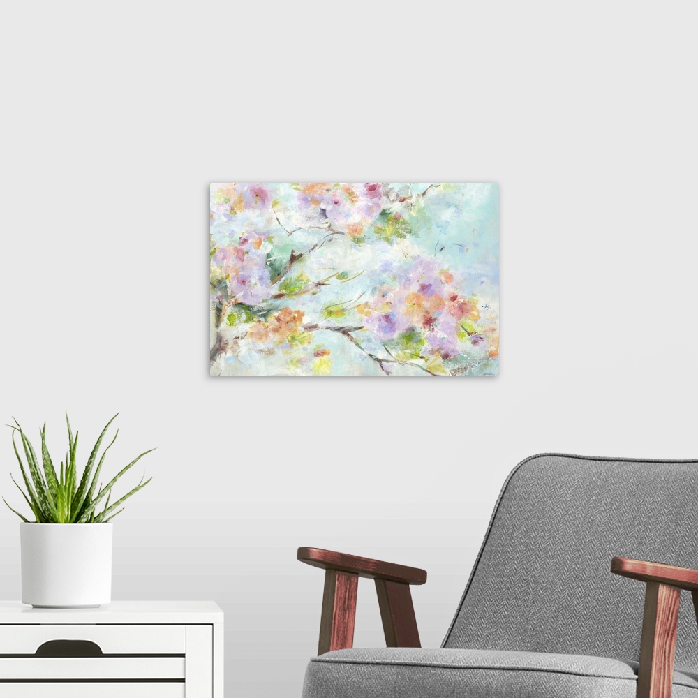 A modern room featuring Contemporary painting of soft pink and purple flowers on a tree branch.