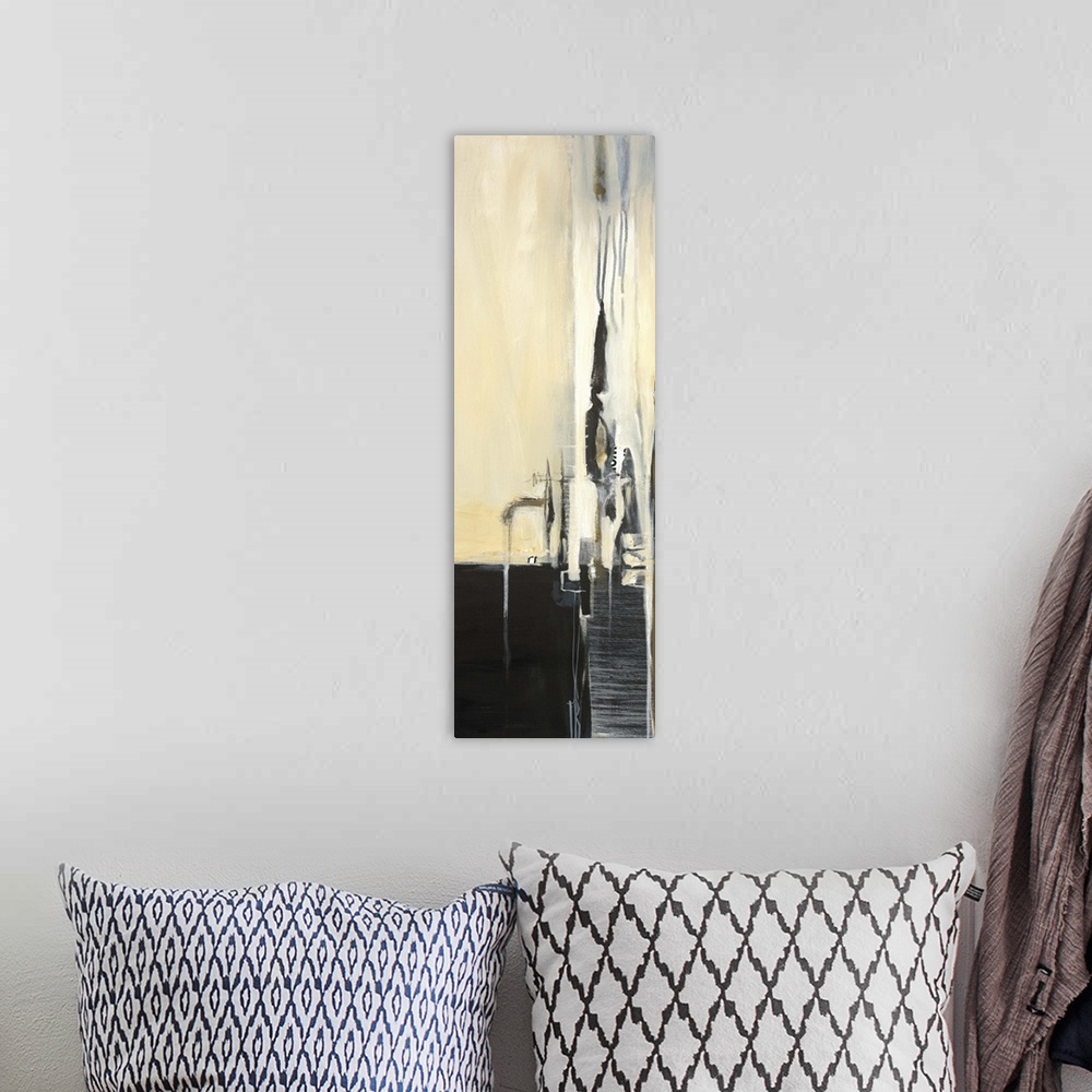 A bohemian room featuring Contemporary abstract painting using light weathered rustic tones.