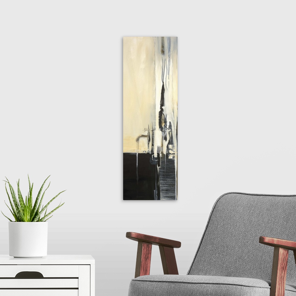 A modern room featuring Contemporary abstract painting using light weathered rustic tones.