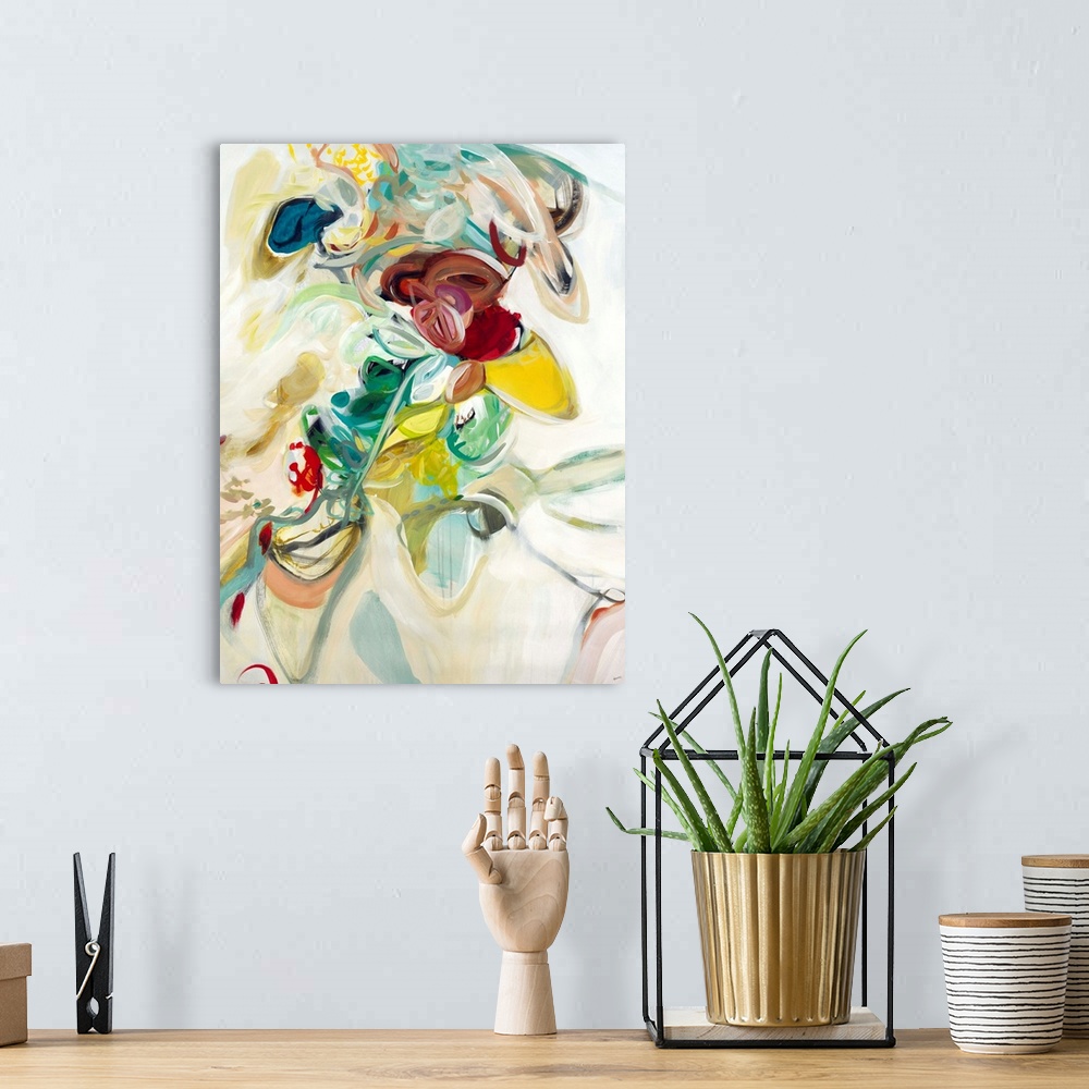 A bohemian room featuring Contemporary abstract painting with busy, loopy brushstrokes in playful colors.