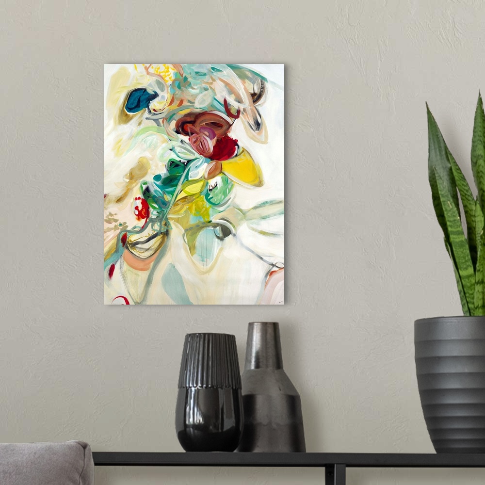 A modern room featuring Contemporary abstract painting with busy, loopy brushstrokes in playful colors.