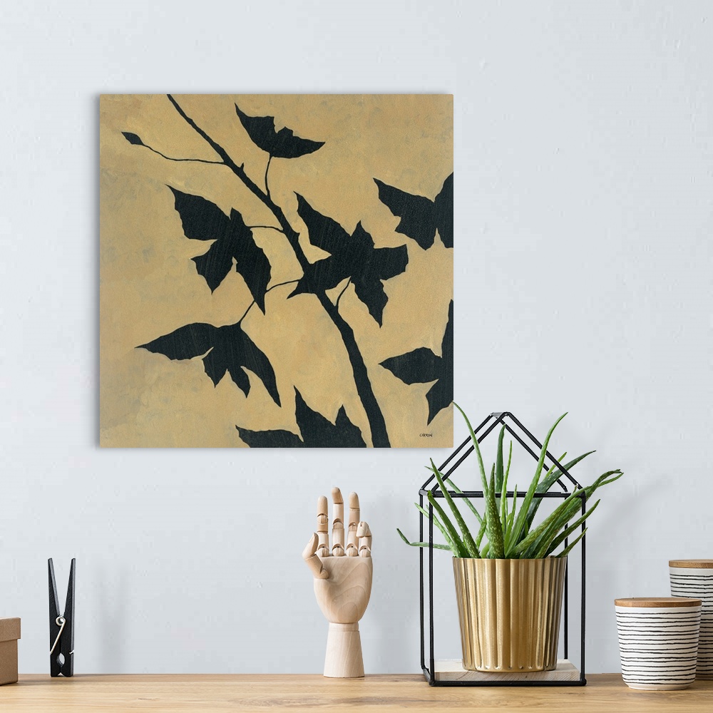 A bohemian room featuring Contemporary painting of a silhouette of a branch with leaves.