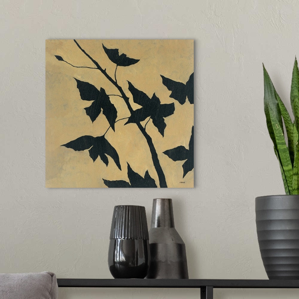 A modern room featuring Contemporary painting of a silhouette of a branch with leaves.