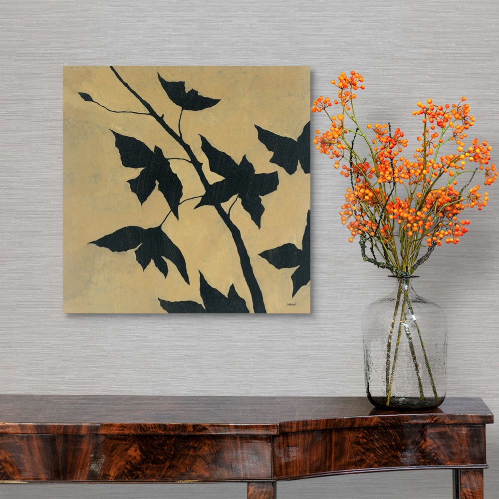 A traditional room featuring Contemporary painting of a silhouette of a branch with leaves.