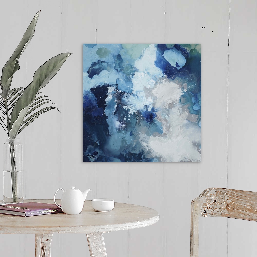 A farmhouse room featuring Contemporary abstract painting using blue tones swirling around to create a flowing cloud like form.
