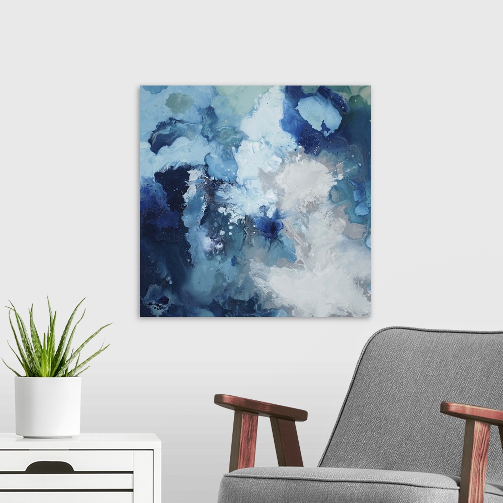 A modern room featuring Contemporary abstract painting using blue tones swirling around to create a flowing cloud like form.