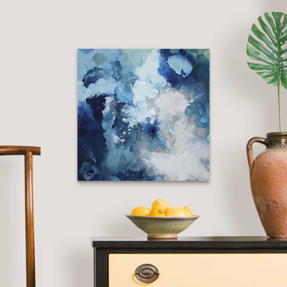 A traditional room featuring Contemporary abstract painting using blue tones swirling around to create a flowing cloud like form.