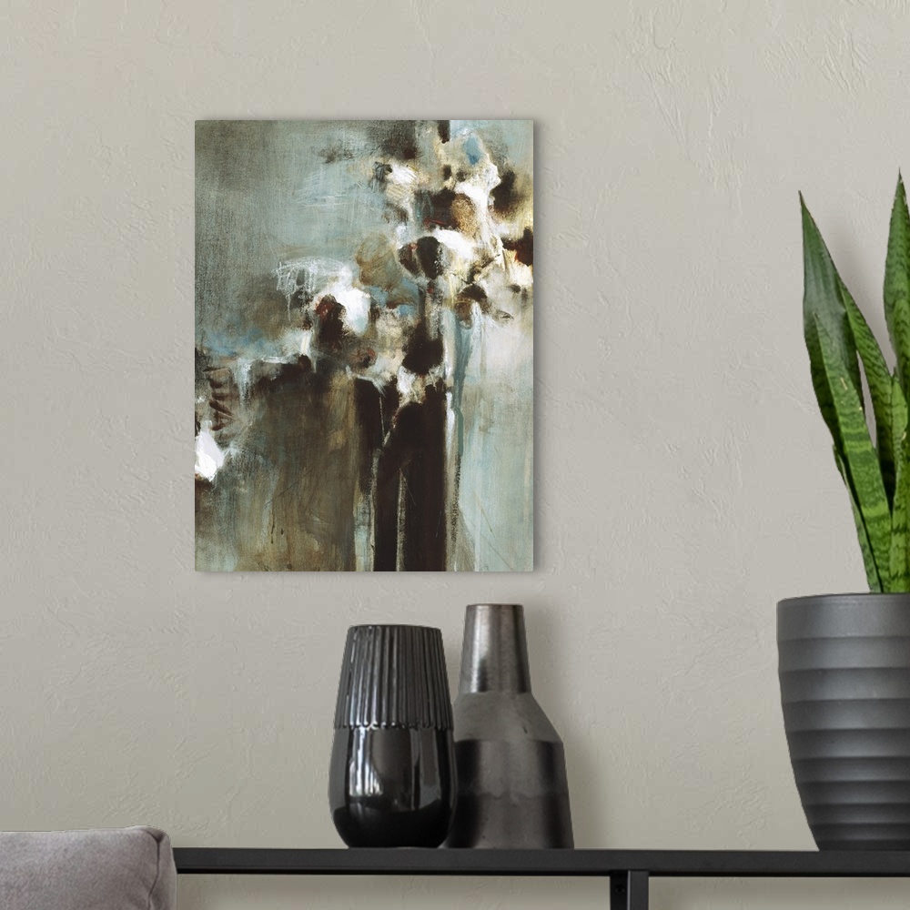 A modern room featuring Contemporary abstract painting using dark weathered rustic tones.