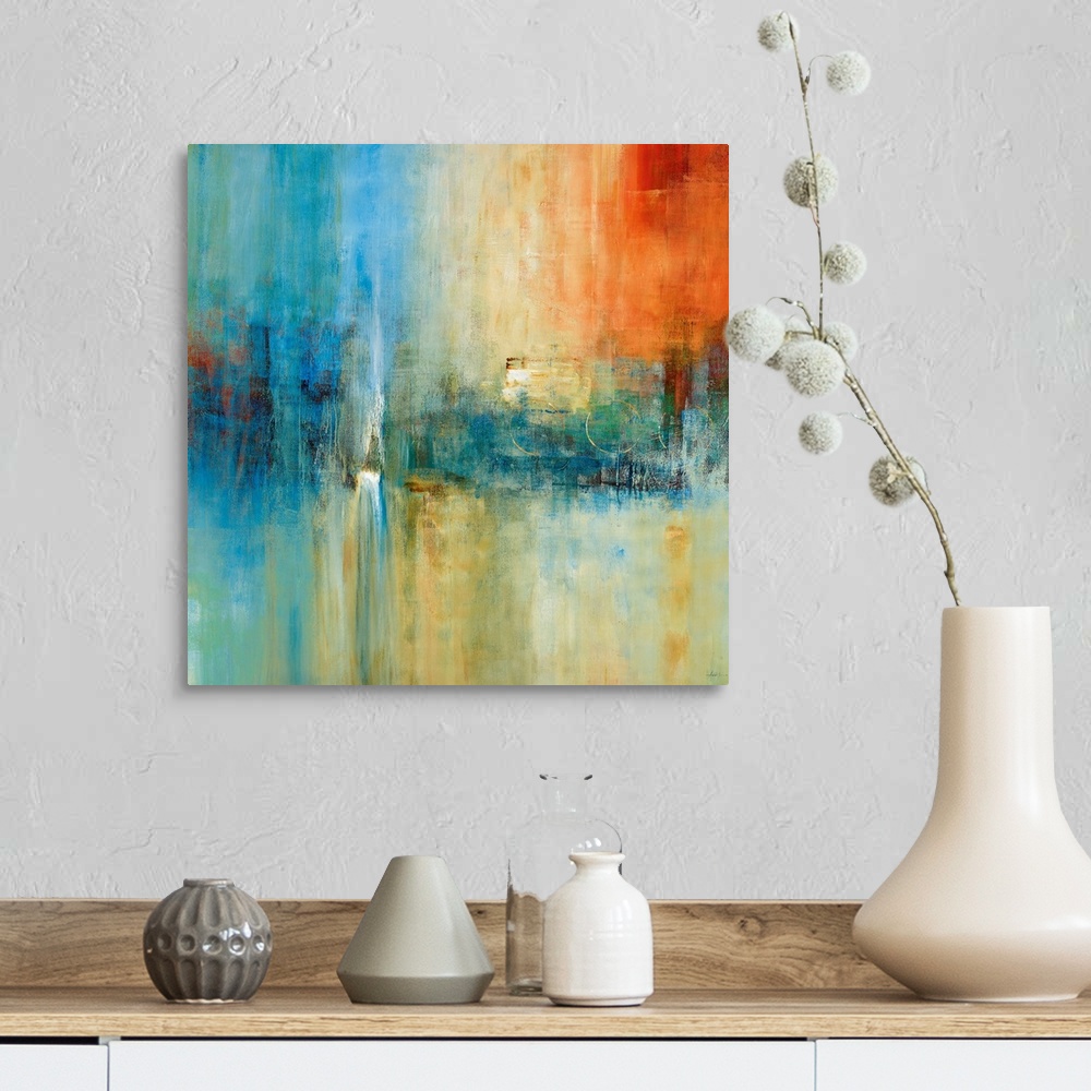 A farmhouse room featuring A square abstract painting with strong vertical movement and dramatic use of color. The serene co...