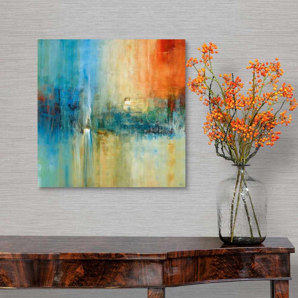 A traditional room featuring A square abstract painting with strong vertical movement and dramatic use of color. The serene co...