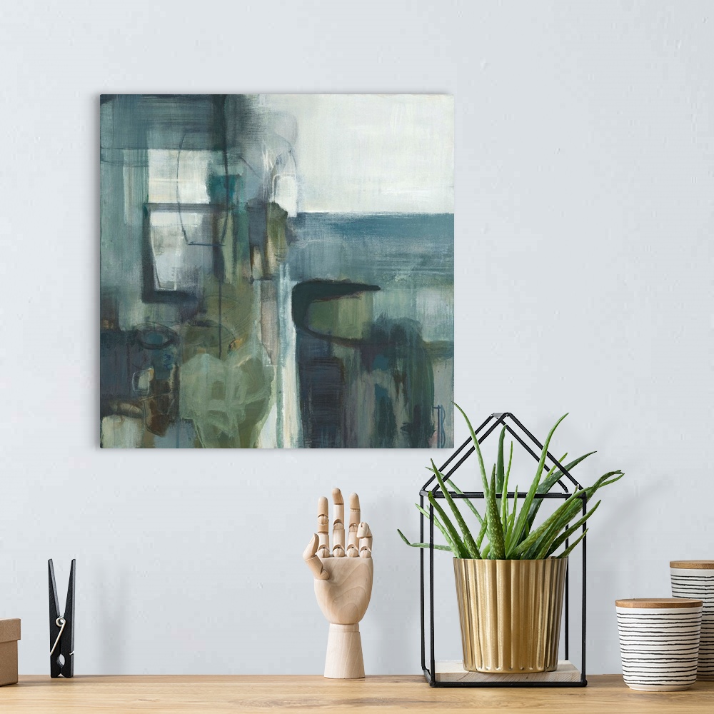 A bohemian room featuring Contemporary abstract painting using pale muted blue and green tones.