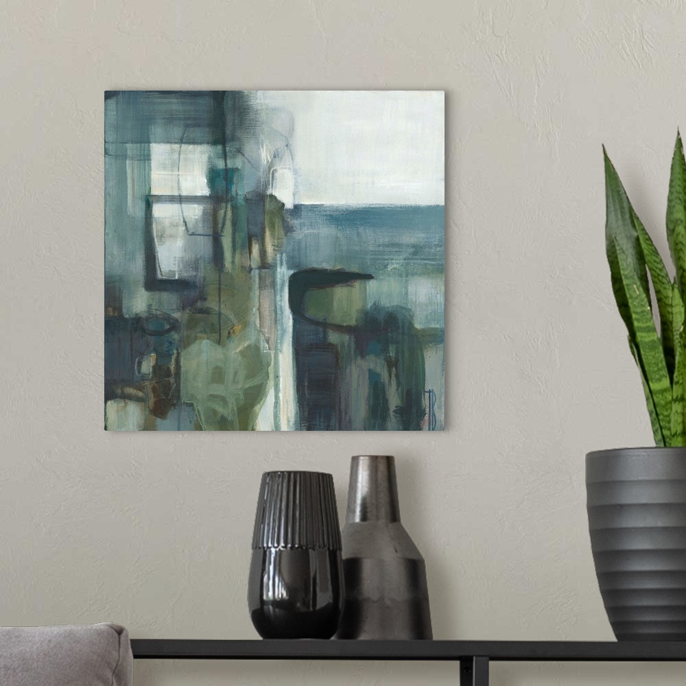 A modern room featuring Contemporary abstract painting using pale muted blue and green tones.