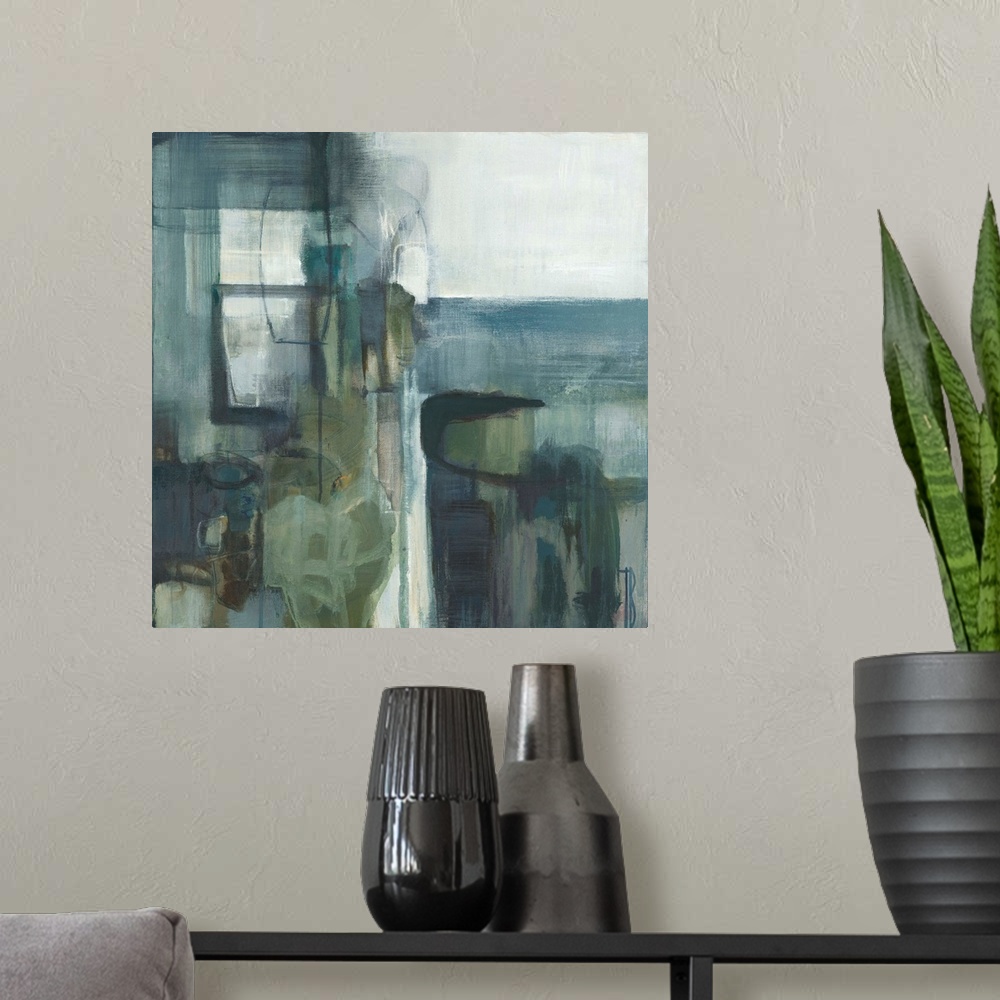 A modern room featuring Contemporary abstract painting using pale muted blue and green tones.