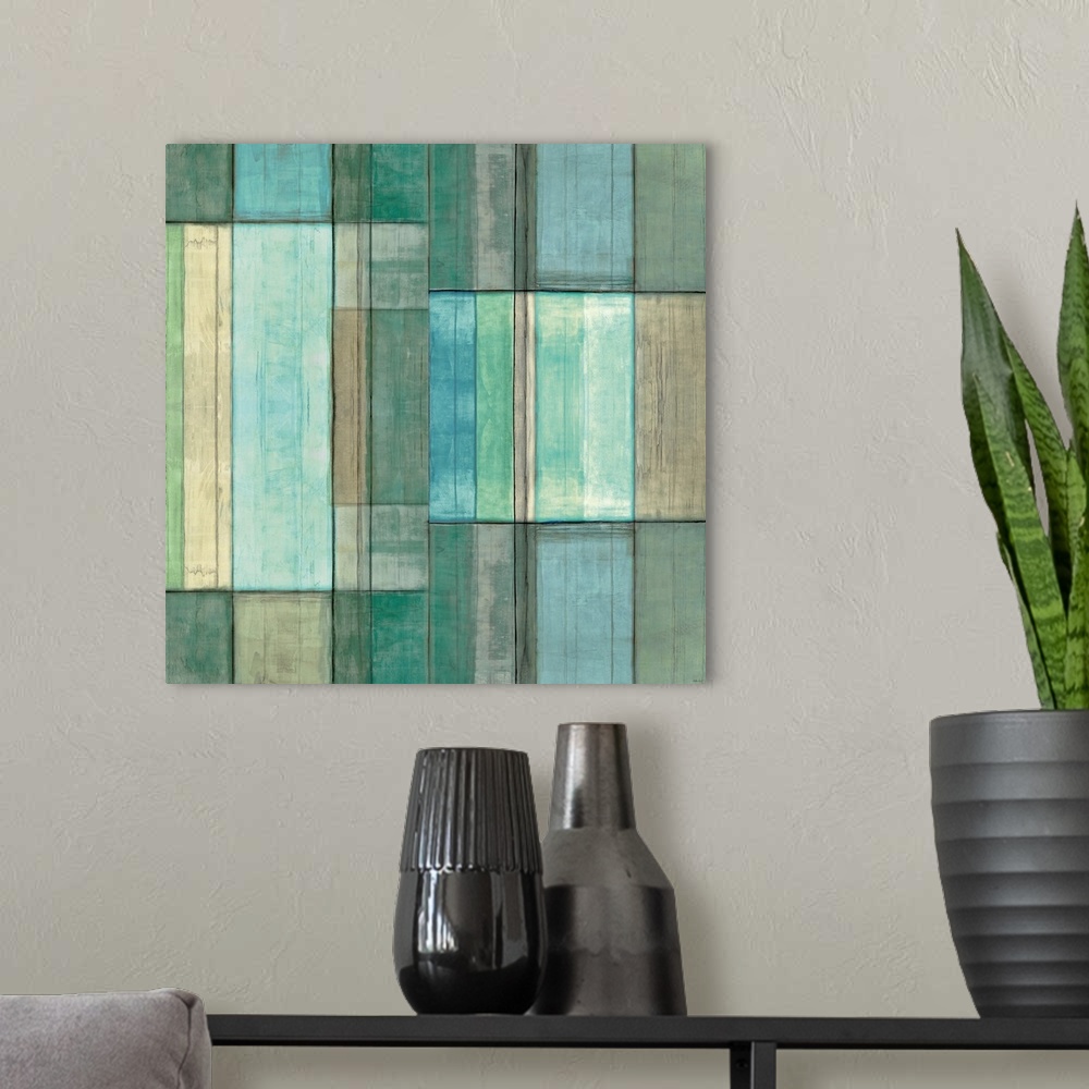 A modern room featuring This square shaped decorative wall accent is a grid of geometric rectangles and vertical lines fi...