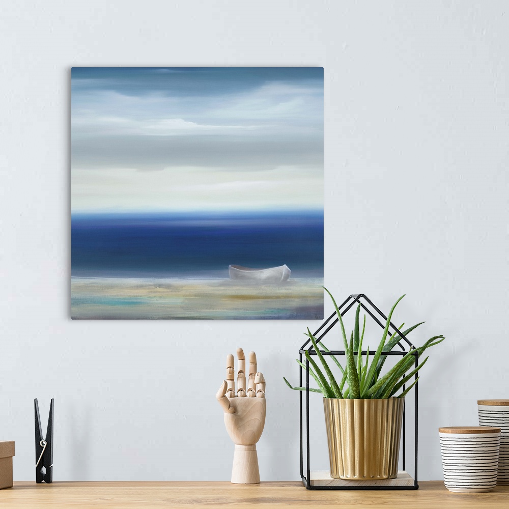 A bohemian room featuring Painting of a row boat sitting on the shore looking out at vast calm sea.