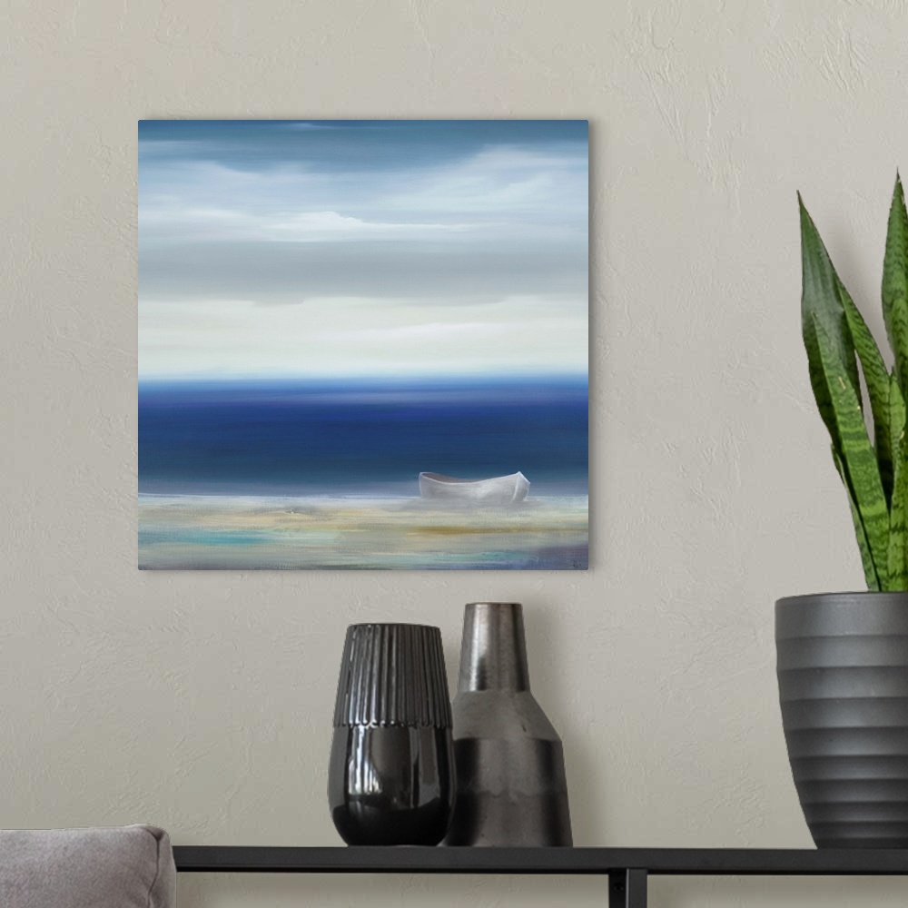 A modern room featuring Painting of a row boat sitting on the shore looking out at vast calm sea.