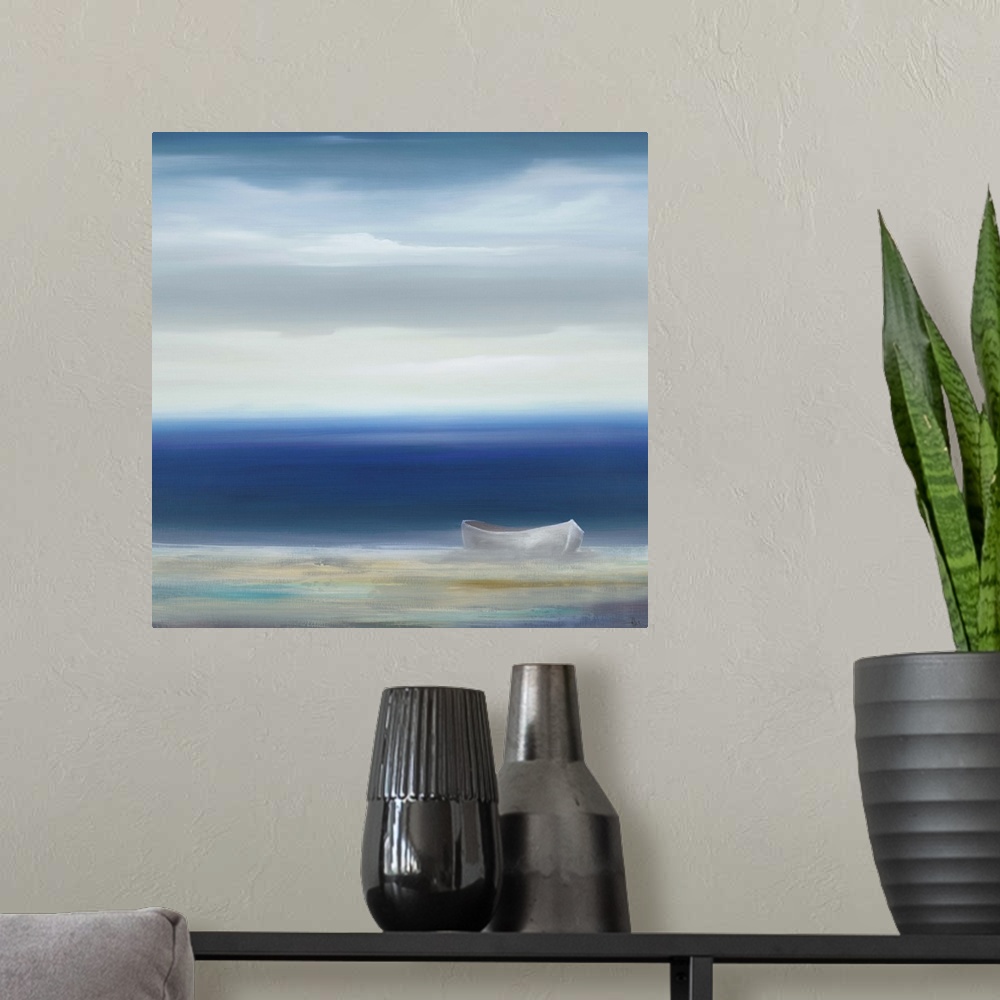A modern room featuring Painting of a row boat sitting on the shore looking out at vast calm sea.