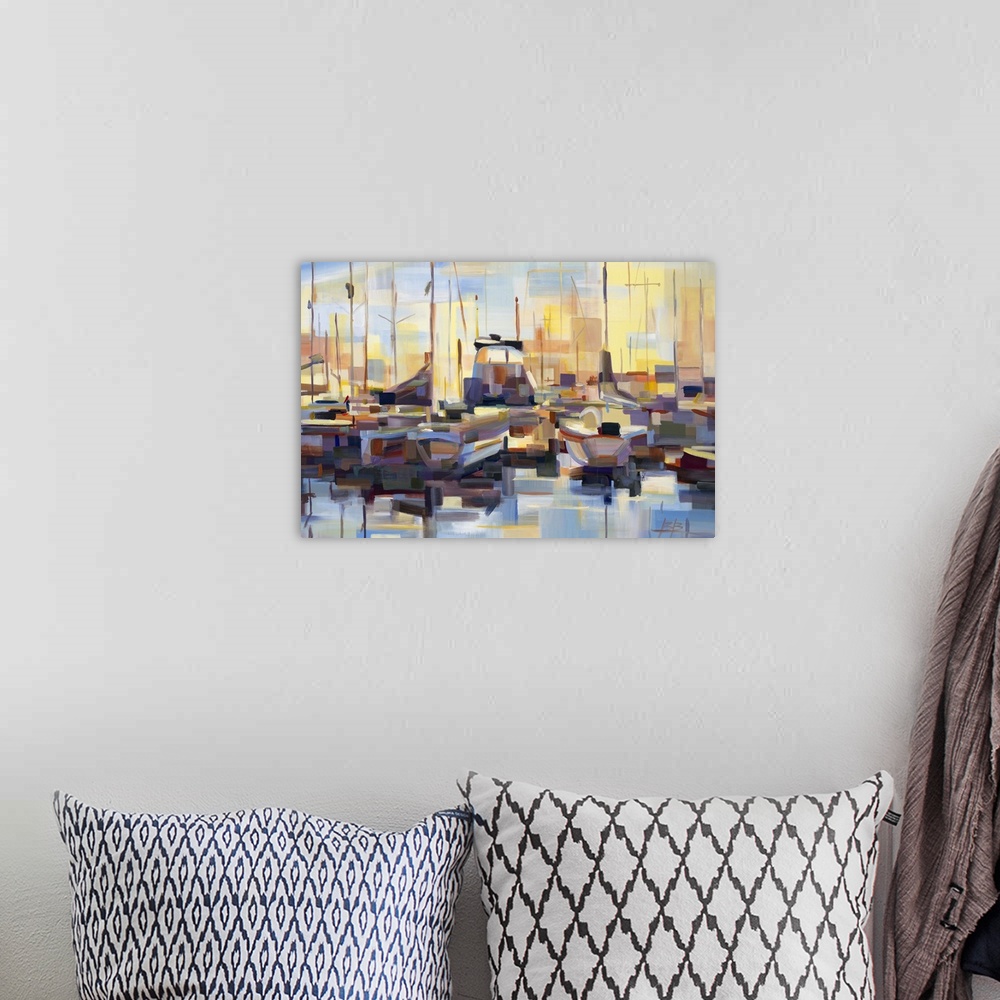 A bohemian room featuring Contemporary abstract painting of a harbor scene deconstructed into geometric shapes.