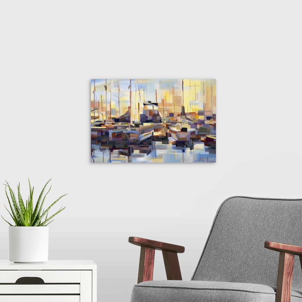 A modern room featuring Contemporary abstract painting of a harbor scene deconstructed into geometric shapes.