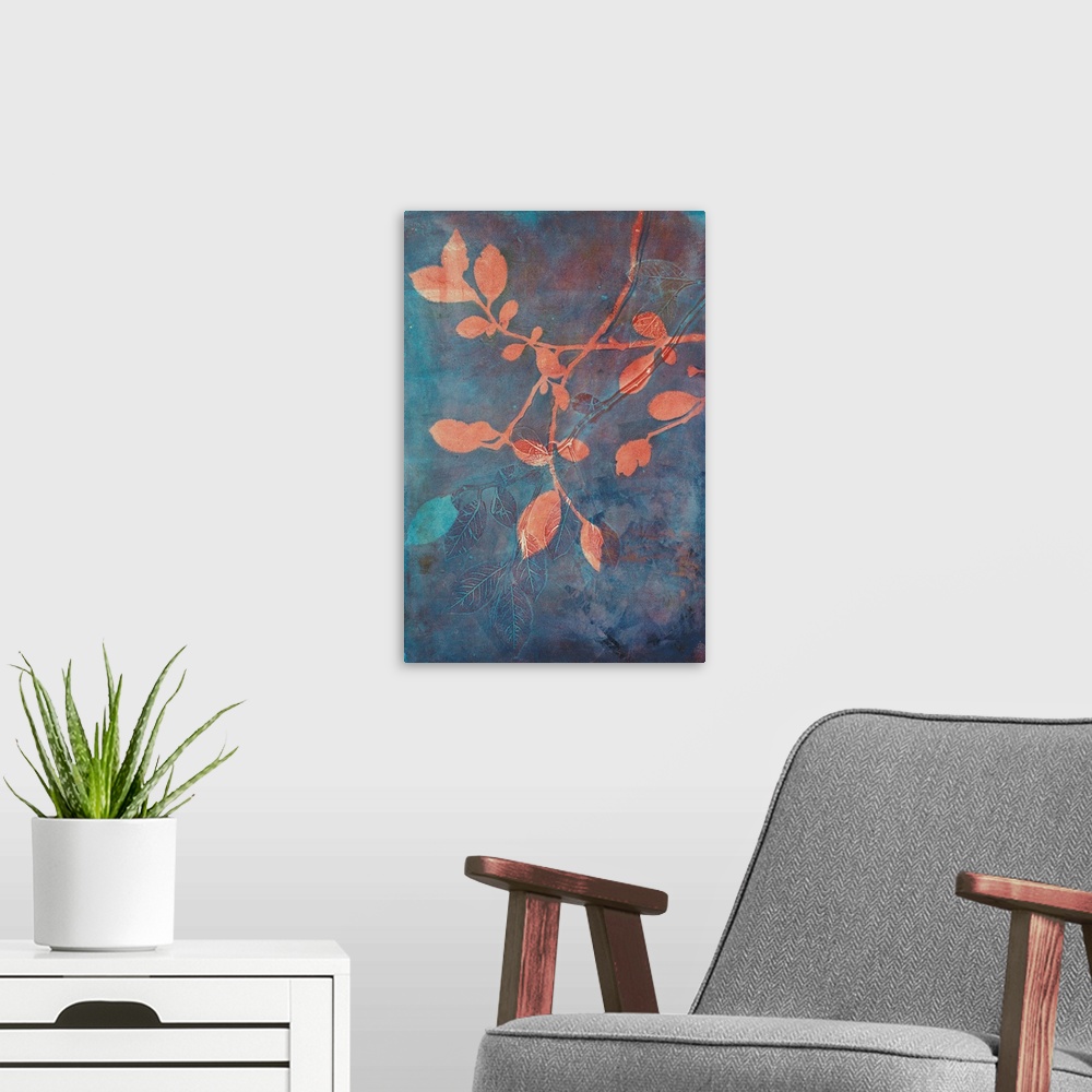 A modern room featuring A stunning contemporary cyanotype image featruing coral colored branches against a blue and rust ...