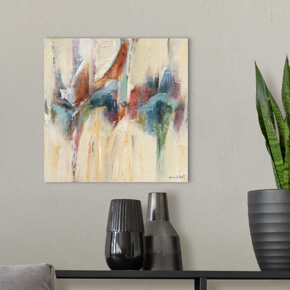 A modern room featuring Square abstract painting with colorful brushstrokes in the middle resembling a reflection.