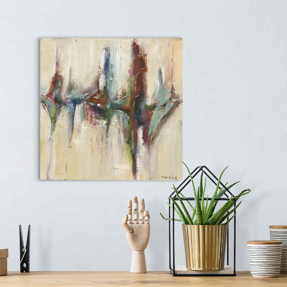 A bohemian room featuring Square abstract painting with colorful brushstrokes in the middle resembling a reflection.