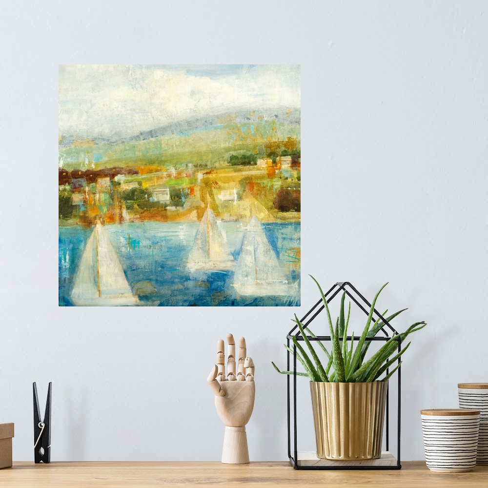 A bohemian room featuring Painting of sailboats in water with city in distance under a cloudy sky.
