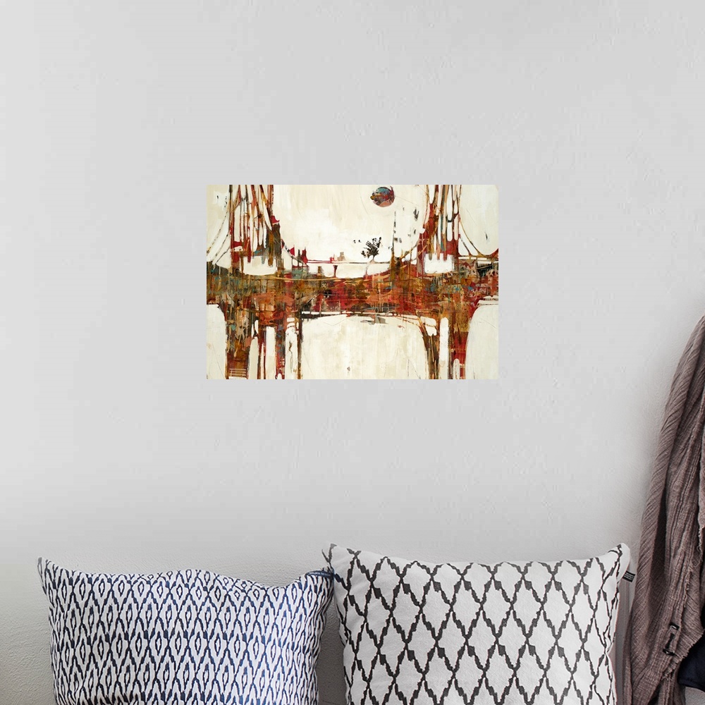 A bohemian room featuring Landscape abstract painting in patches of warm tones of a bridge extending horizontally.