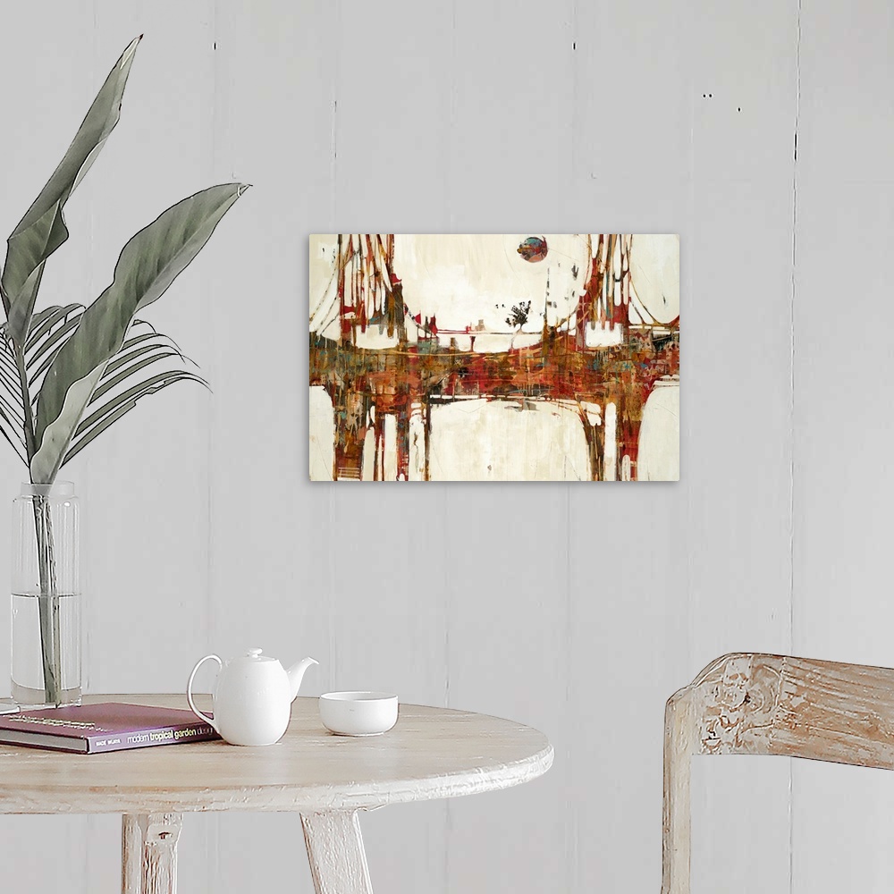 A farmhouse room featuring Landscape abstract painting in patches of warm tones of a bridge extending horizontally.