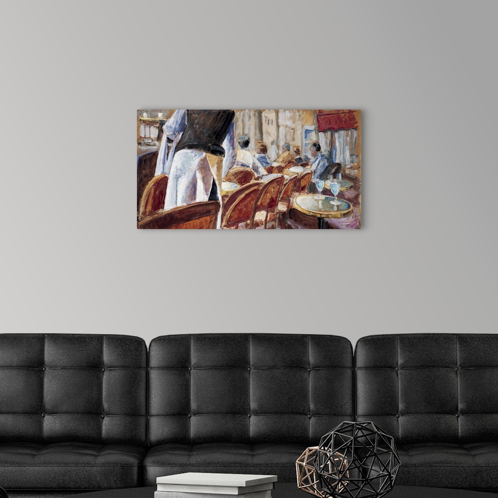 A modern room featuring A contemporary painting of a cafe terrace and waiter.