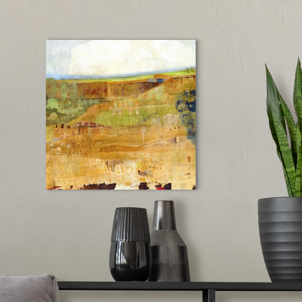 A modern room featuring Contemporary landscape painting looking out over a canyon.