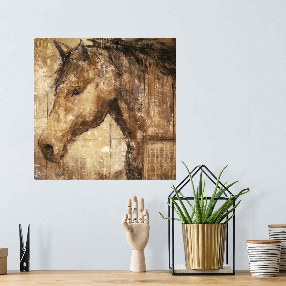 A bohemian room featuring A contemporary portrait of a horse available on square shaped wall art for the home or office.