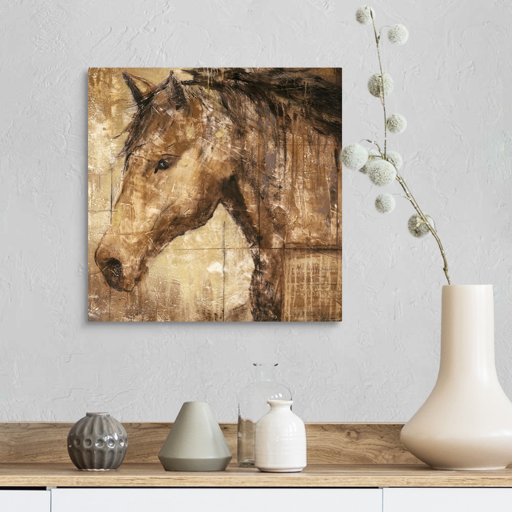 A farmhouse room featuring A contemporary portrait of a horse available on square shaped wall art for the home or office.