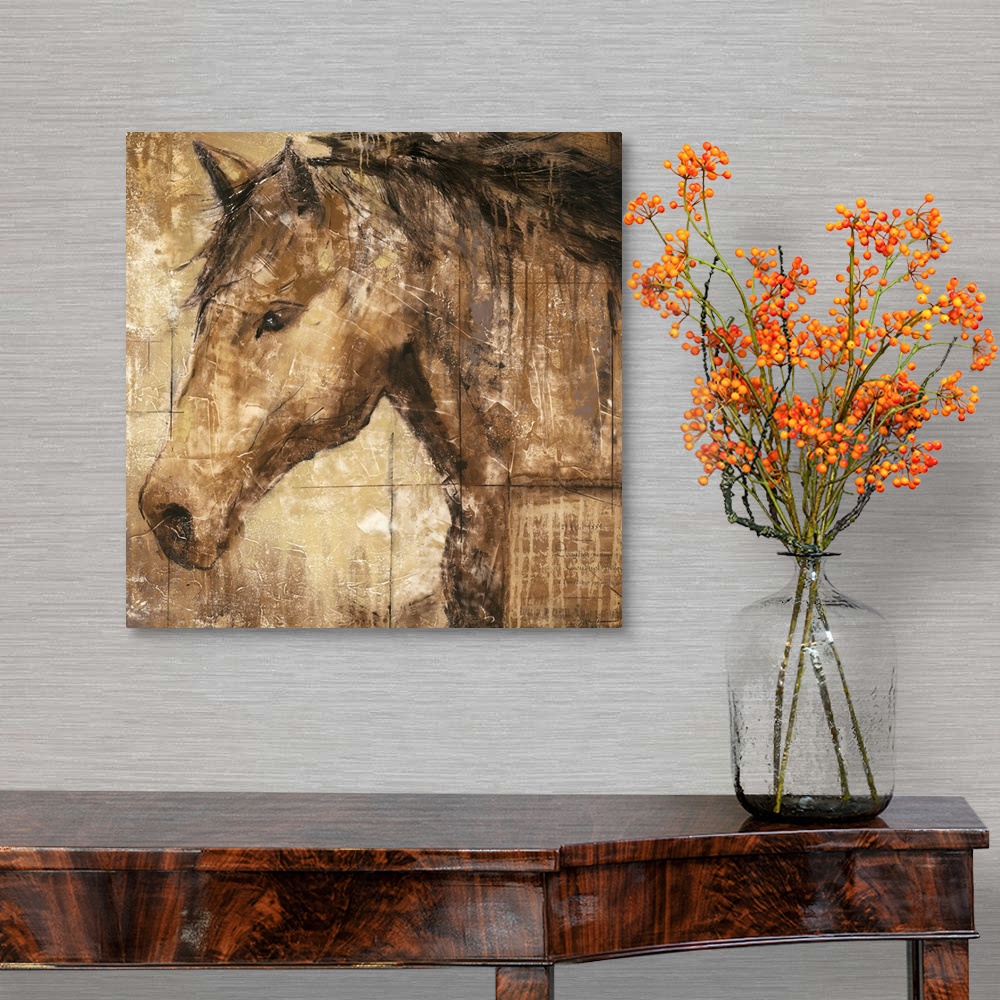 A traditional room featuring A contemporary portrait of a horse available on square shaped wall art for the home or office.