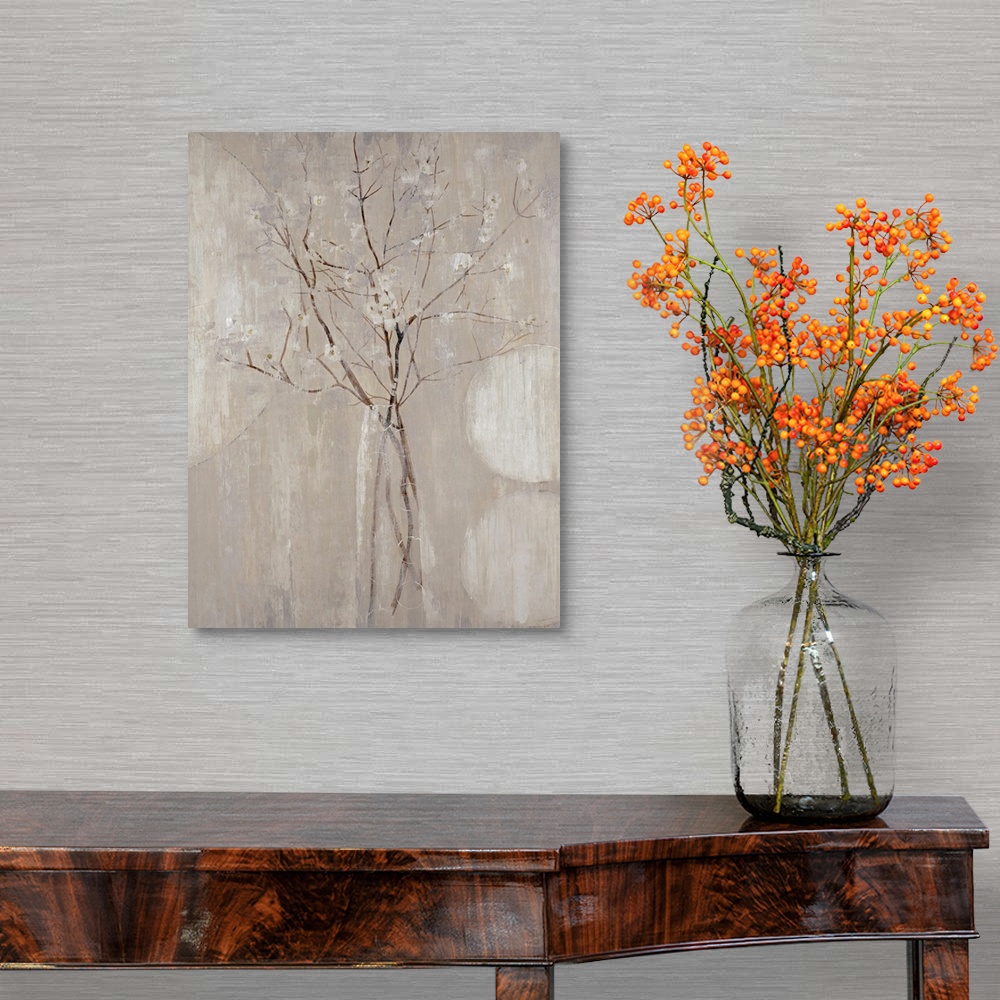 A traditional room featuring A monochromatic vertical painting of  twigs with tiny flowers.