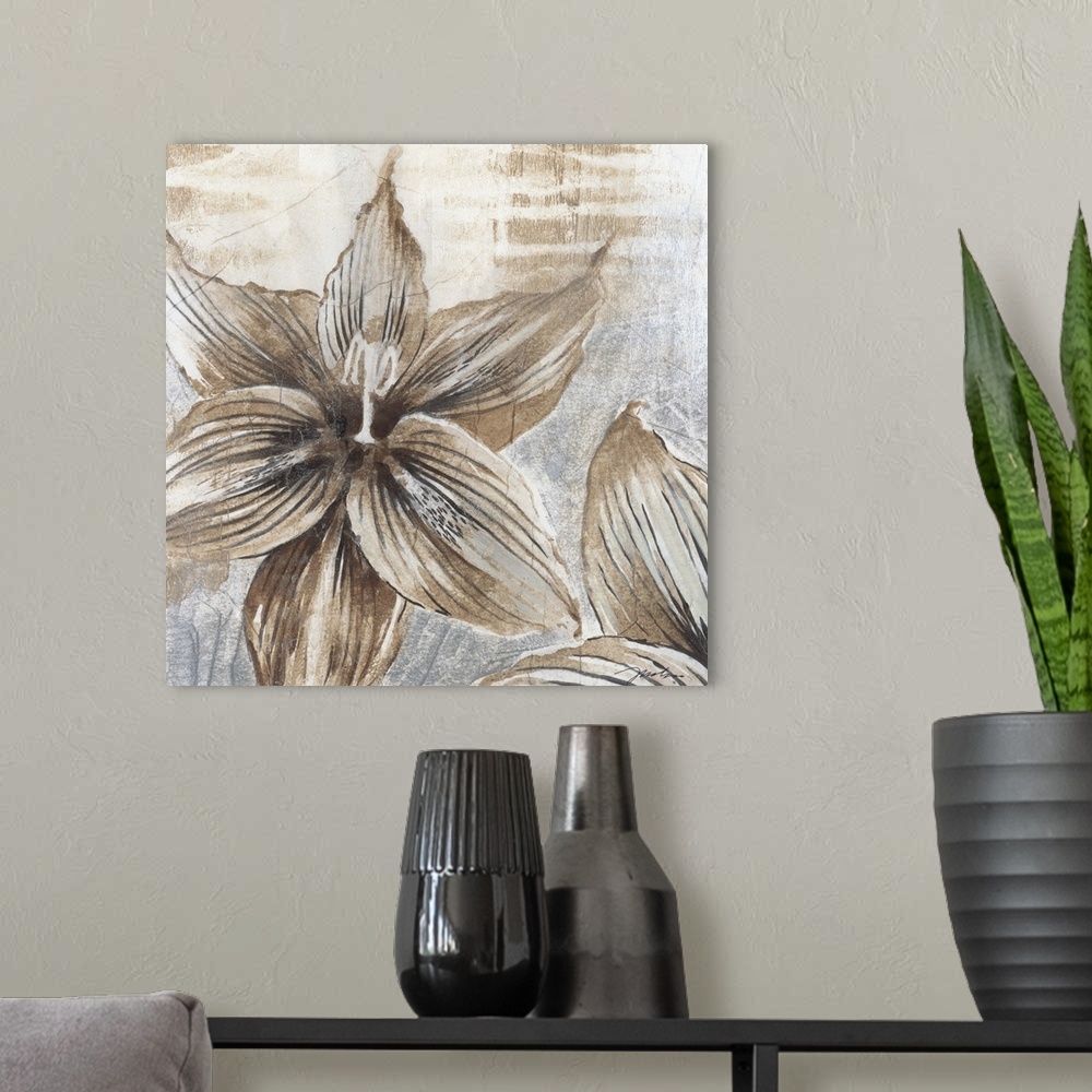 A modern room featuring A decorative square painting of a flower in brown and gray tones with small metallic speckles thr...