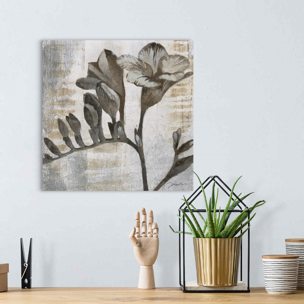 A bohemian room featuring A decorative square painting of a flower in brown and gray tones with small metallic speckles thr...