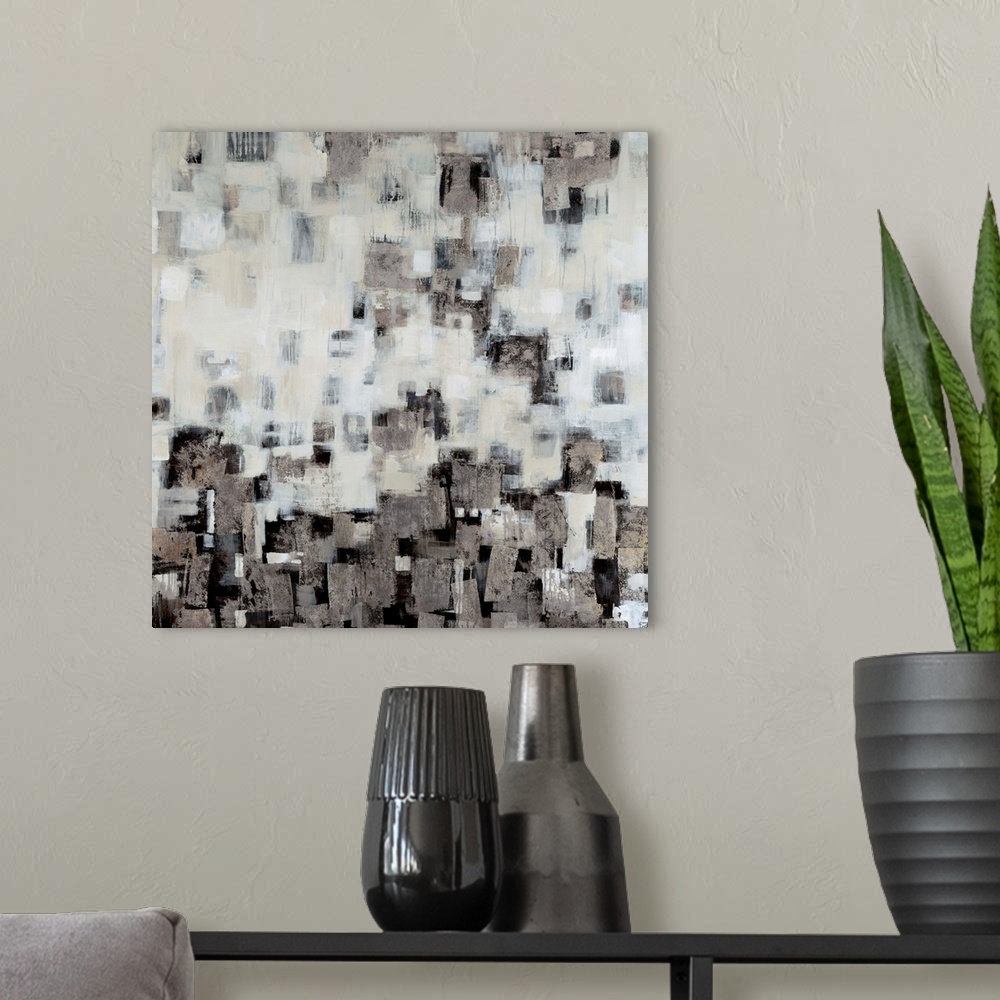 A modern room featuring Contemporary abstract painting using geometric forms.