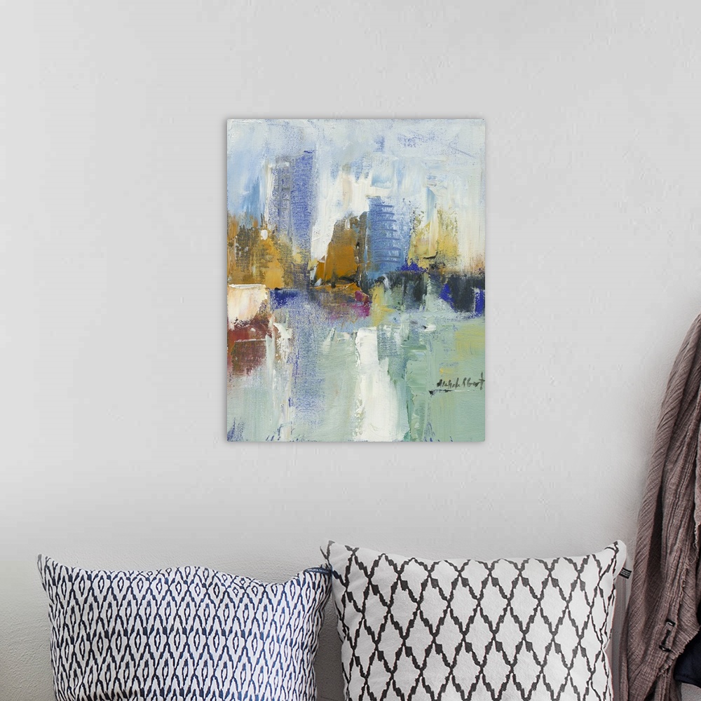 A bohemian room featuring Contemporary abstract painting of a cityscape with colorful buildings and layered paint creating ...