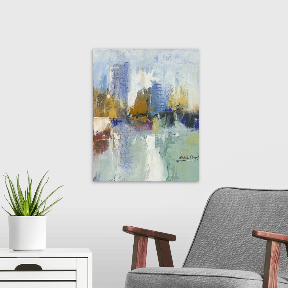 A modern room featuring Contemporary abstract painting of a cityscape with colorful buildings and layered paint creating ...