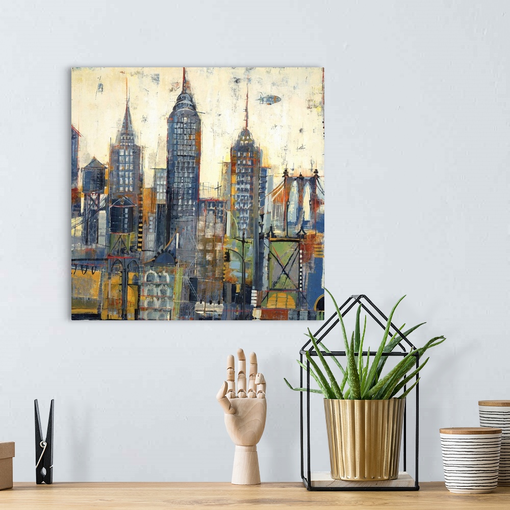 A bohemian room featuring Contemporary painting of a stylized city skyline.