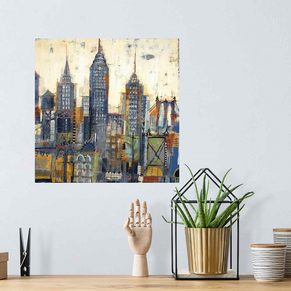 A bohemian room featuring Contemporary painting of a stylized city skyline.