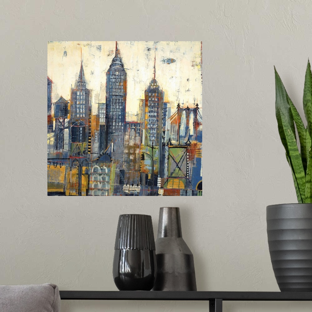 A modern room featuring Contemporary painting of a stylized city skyline.