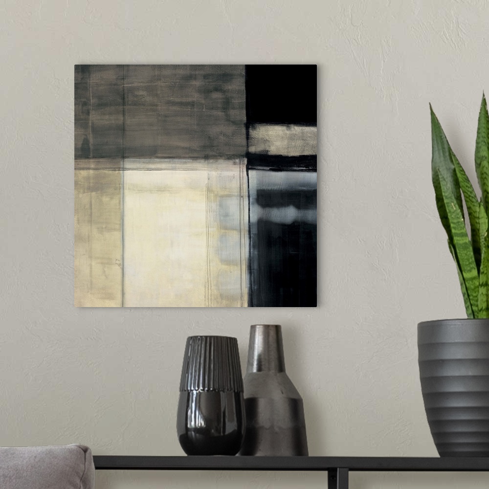 A modern room featuring Contemporary abstract painting using neutral tones and geometric shapes.