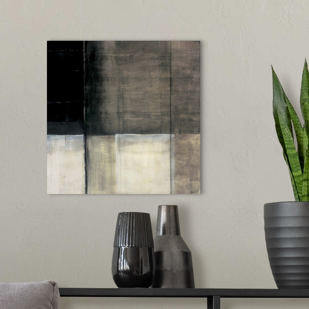 A modern room featuring Contemporary abstract painting using neutral tones and geometric shapes.