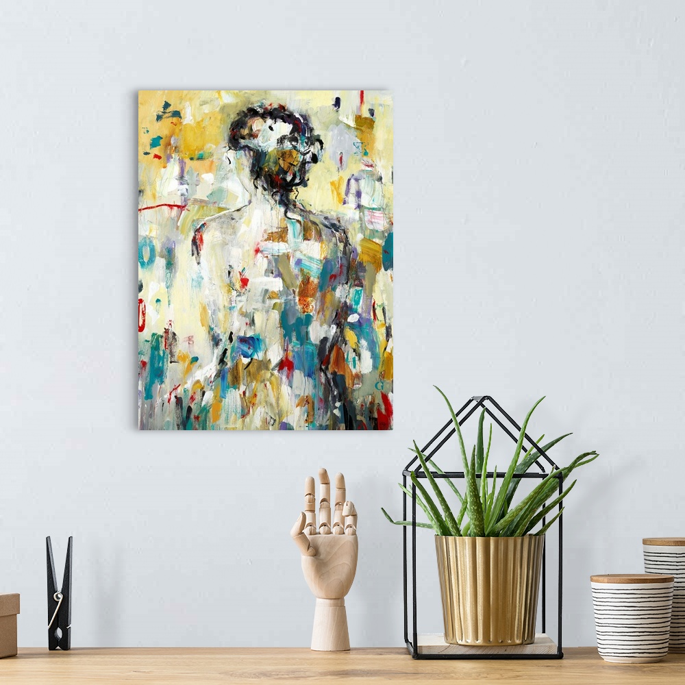A bohemian room featuring Contemporary abstract painting of the back of a woman made up of various hues layered together wi...