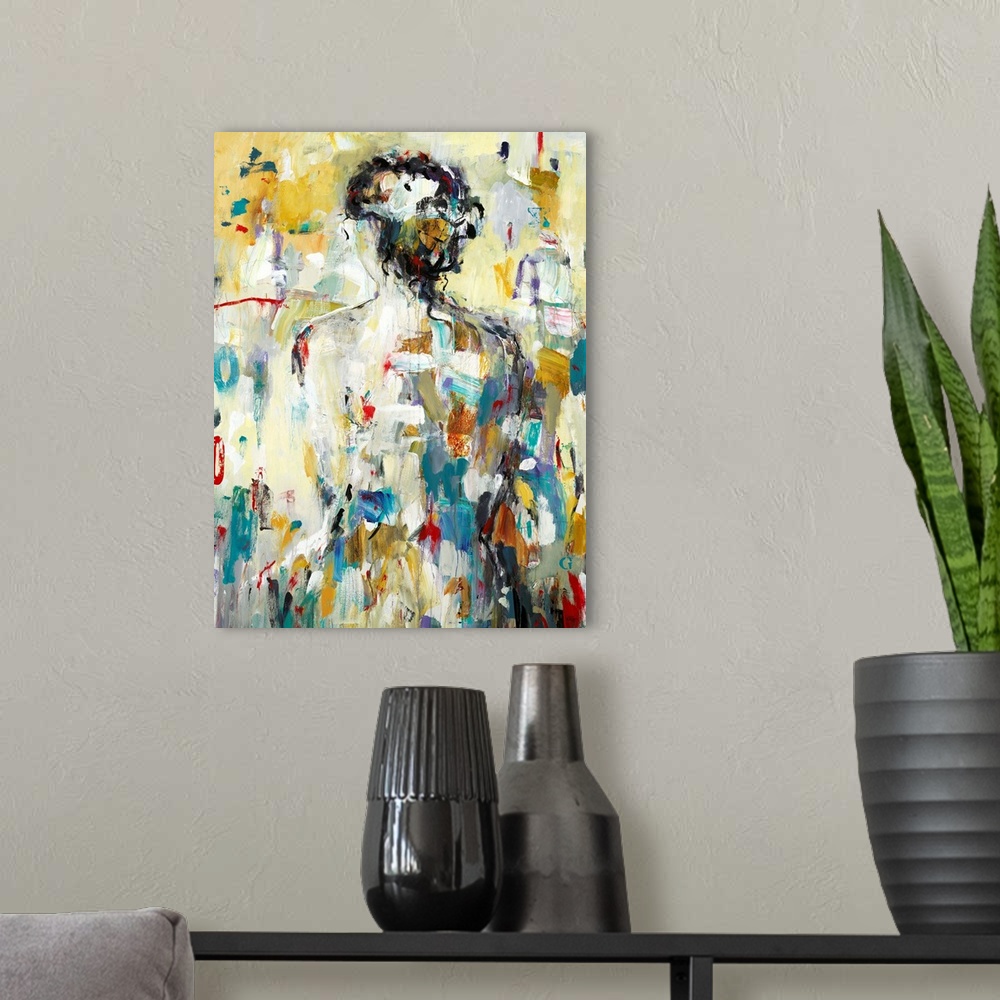 A modern room featuring Contemporary abstract painting of the back of a woman made up of various hues layered together wi...
