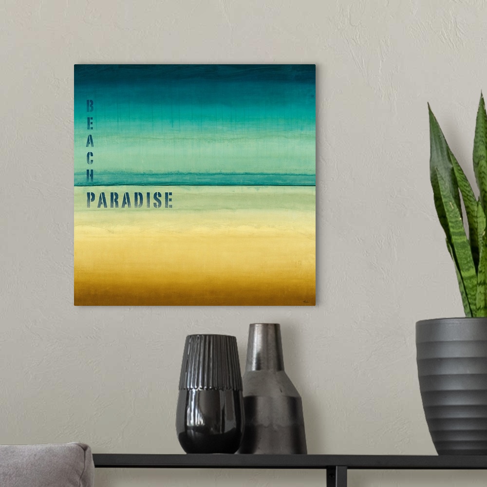 A modern room featuring Abstract artwork of a beach scene with the blue sky colors that appear to be dripping down from a...