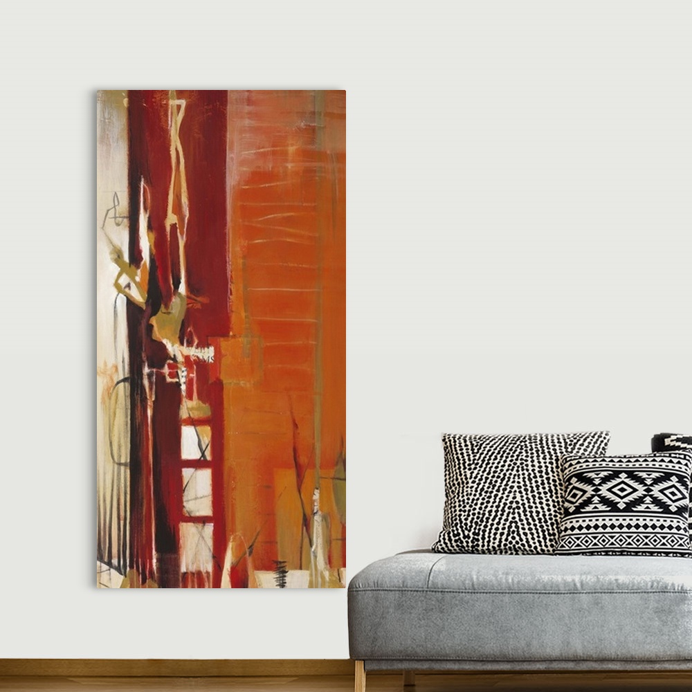 A bohemian room featuring Contemporary abstract painting using contrasting deep colors and intricate lines.