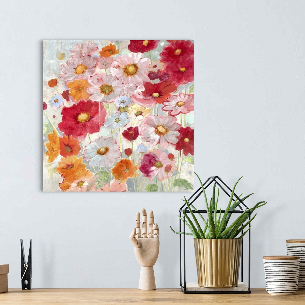 A bohemian room featuring Contemporary painting of vibrant red orange and pink flowers in a garden.